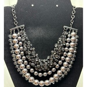 Gothic Chunky Necklace Silver Tone with Gray Pearls and Stones Loft Signed